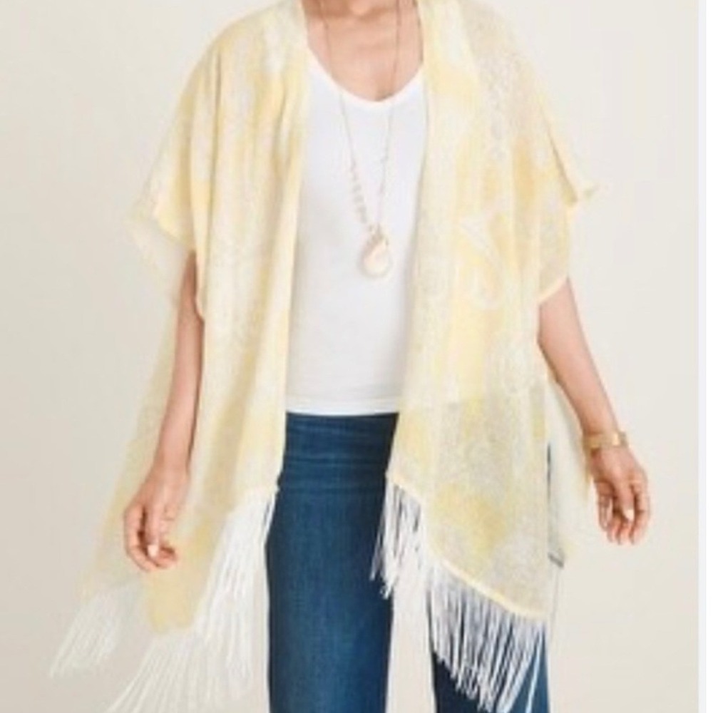 Chicos Yellow Paisley 100% Linen Fringe Kimono Wrap Top L/XL Boho Layering Piece